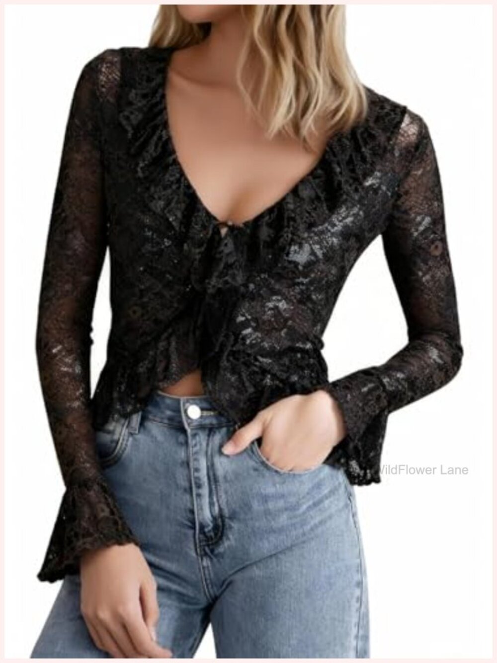 Sheer Lace Crop Top Open Front Bell Sleeve Blouse